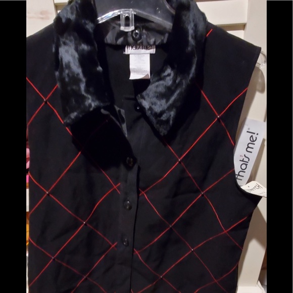 Vintage That's Me black/red women's vest fur collar 12 - Picture 1 of 6